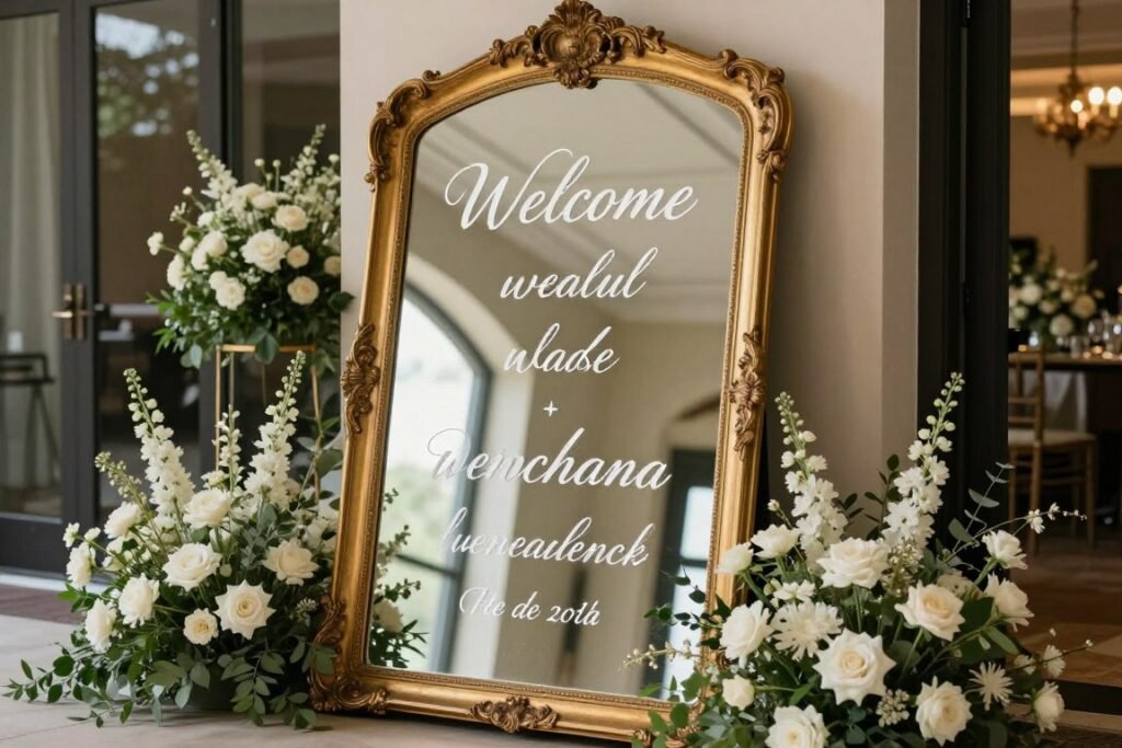 Elegant wedding welcome sign on an ornate vintage mirror with calligraphy