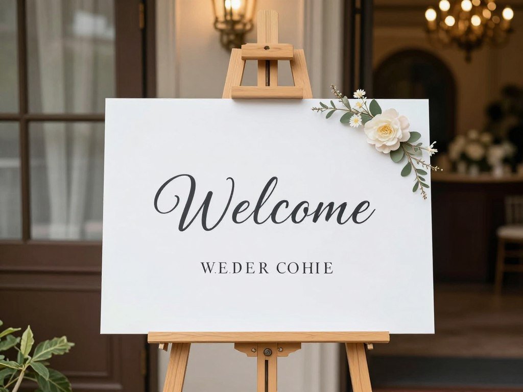 Elegant wedding welcome sign on wooden easel with floral accents Elegant wedding welcome sign on wooden easel with floral accents