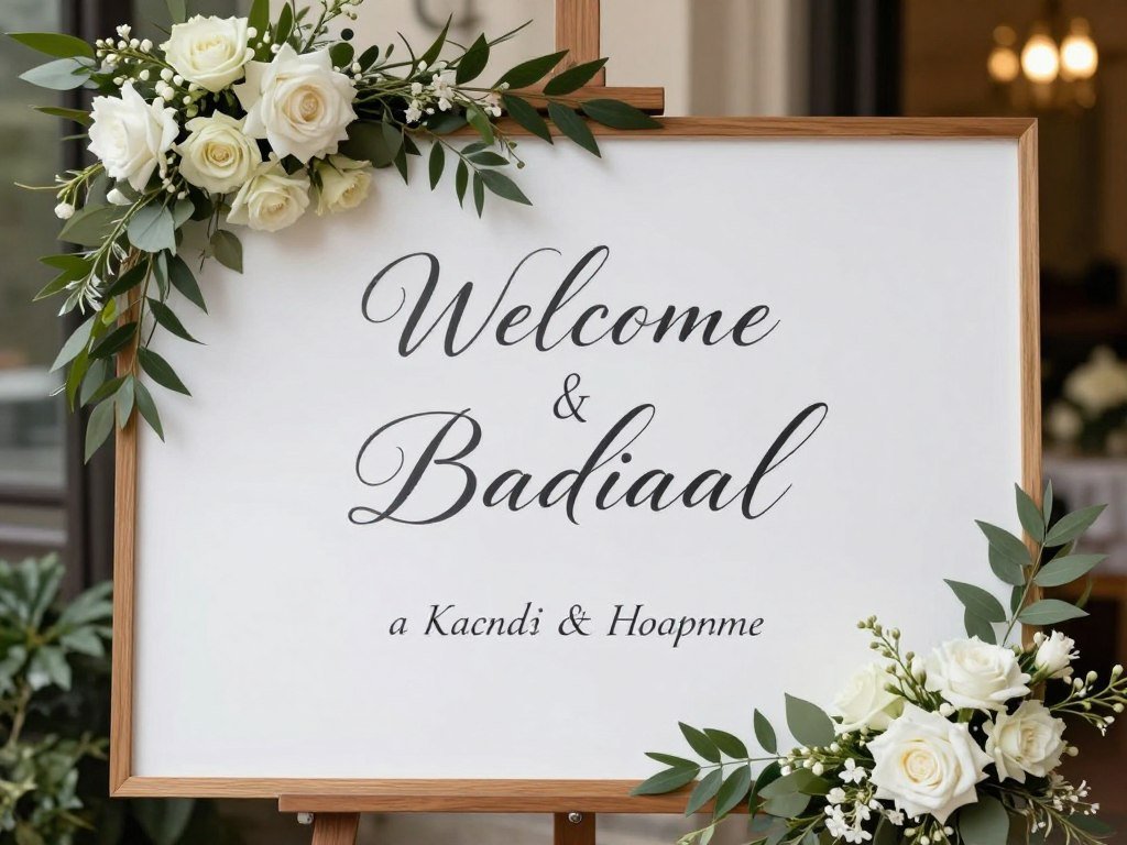 Elegant wedding welcome sign with floral accents and calligraphy Elegant wedding welcome sign with floral accents and calligraphy
