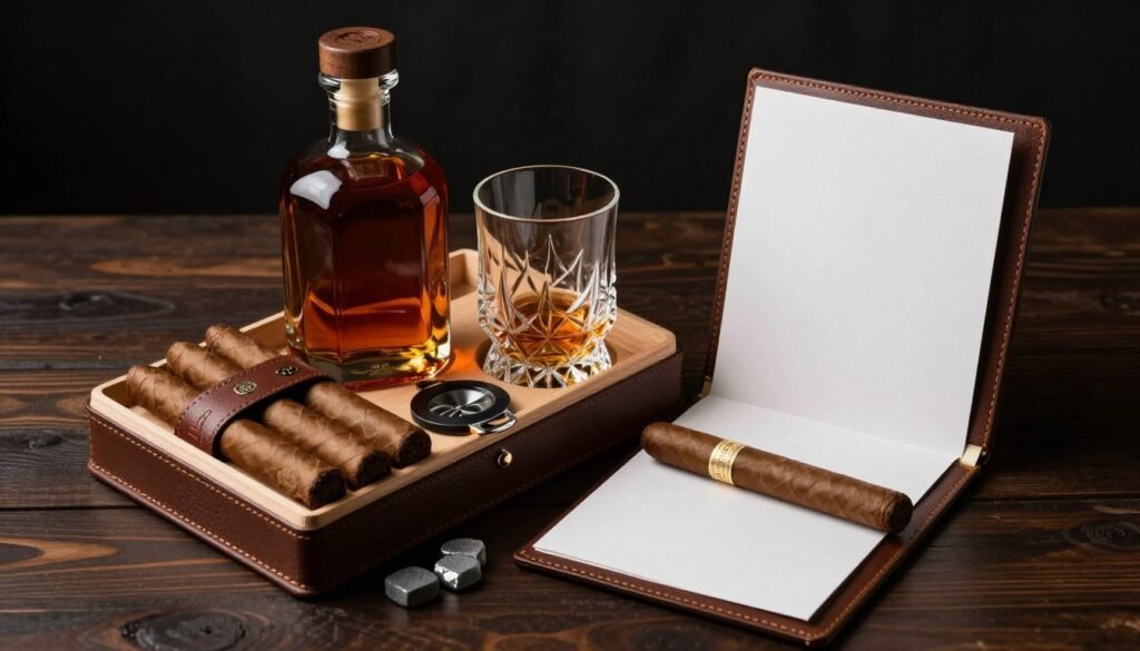 Elegant whiskey and cigar groomsmen proposal box with premium spirits