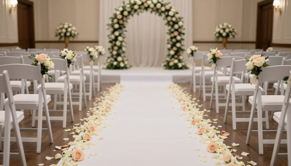 Elegant white aisle runner with rose petals for wedding ceremony