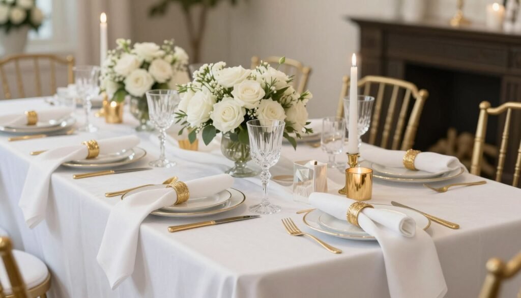 Elegant white and gold bridal shower table with gold-rimmed plates, white flowers, and metallic accents