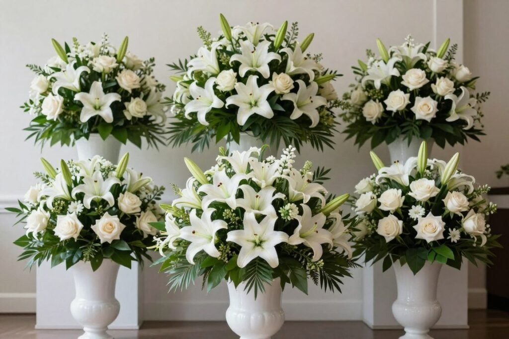 Elegant white and green floral arrangements with symbolic flowers for a memorial service