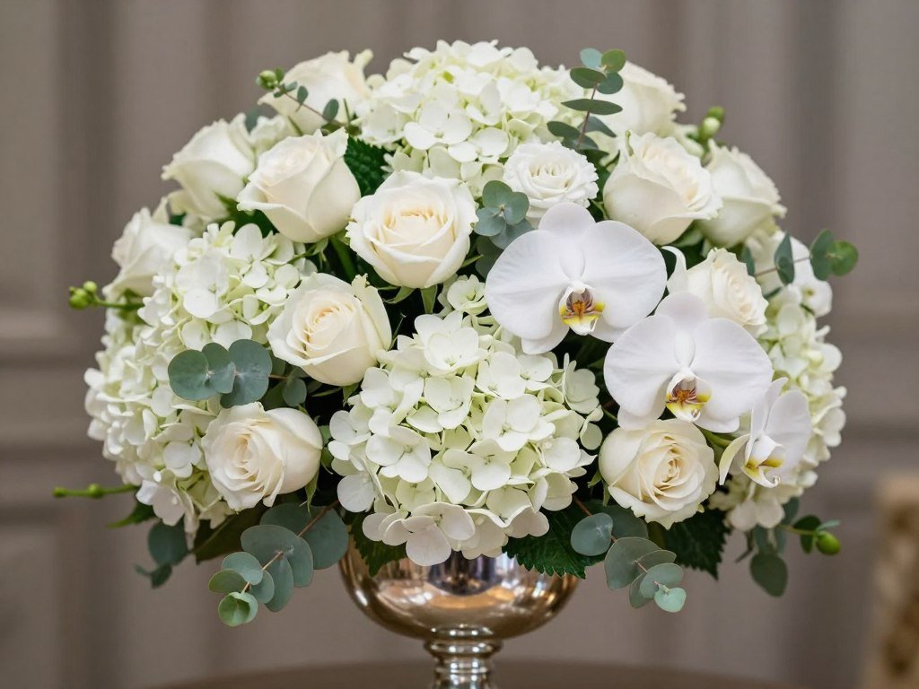 Elegant white and green wedding centerpiece with roses, hydrangeas, and orchids in a silver compote vase Elegant white and green wedding centerpiece with roses, hydrangeas, and orchids in a silver compote vase