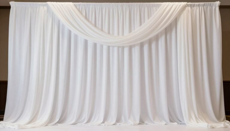 Elegant white fabric backdrop decoration with soft draping and gentle folds for wedding ceremony