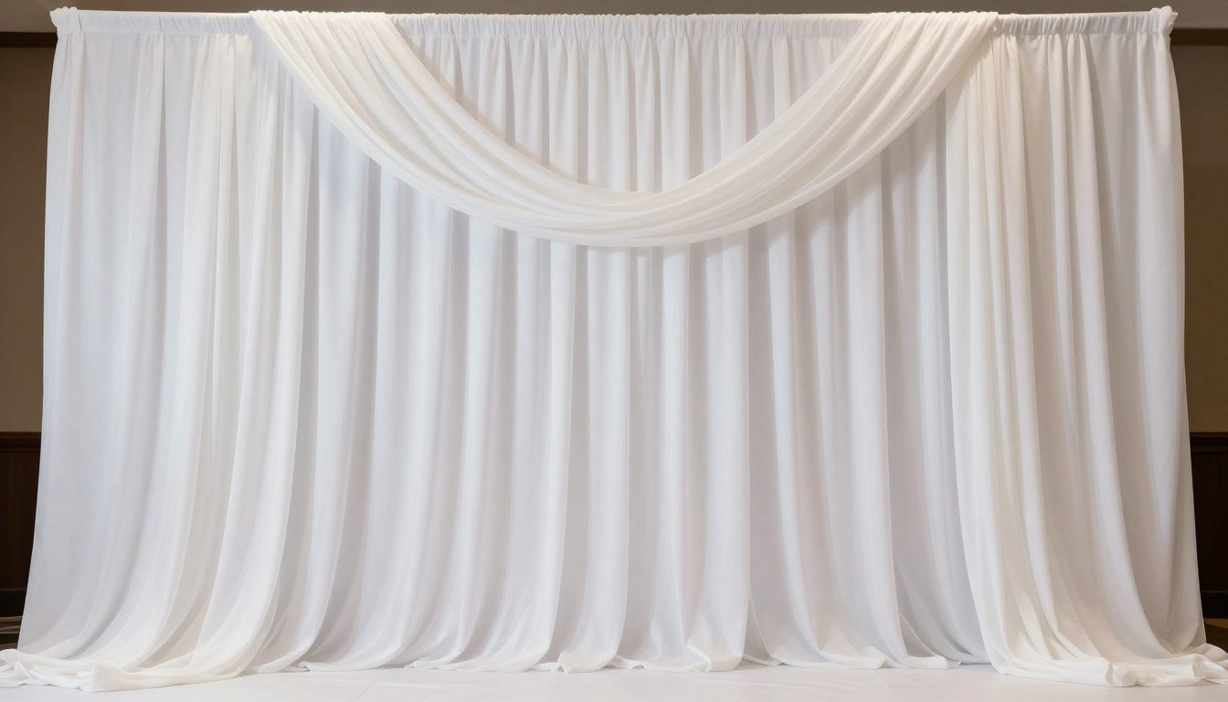 Elegant white fabric backdrop decoration with soft draping and gentle folds for wedding ceremony