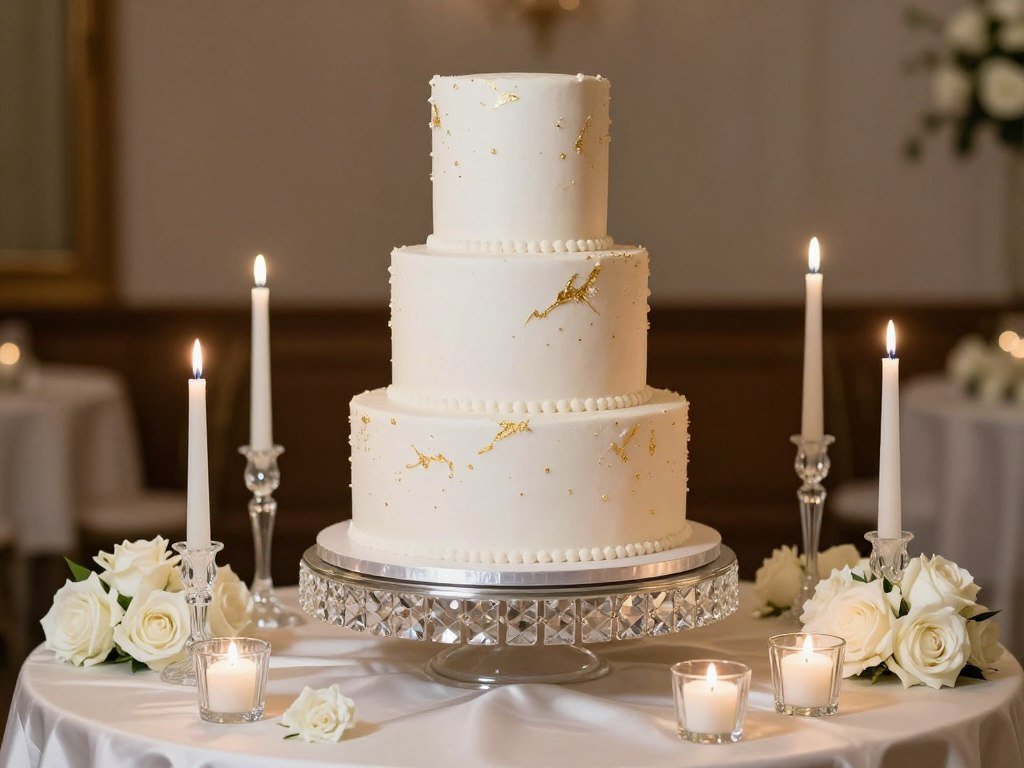 Elegant white wedding cake with subtle gold details on a crystal cake stand, surrounded by candles and small white floral arrangements Elegant white wedding cake with subtle gold details on a crystal cake stand, surrounded by candles and small white floral arrangements
