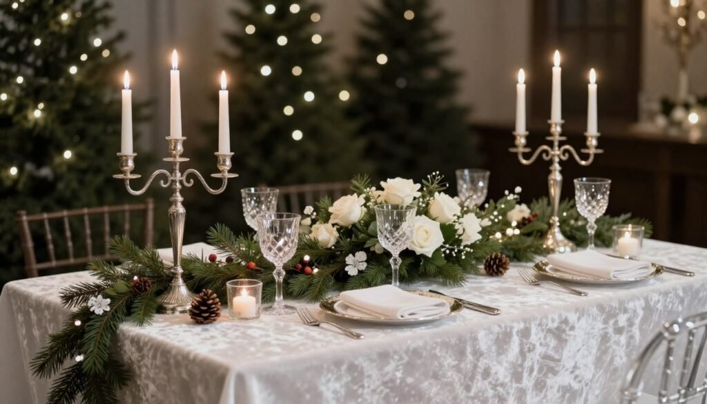 Elegant winter head table wedding decorations with evergreens and silver accents