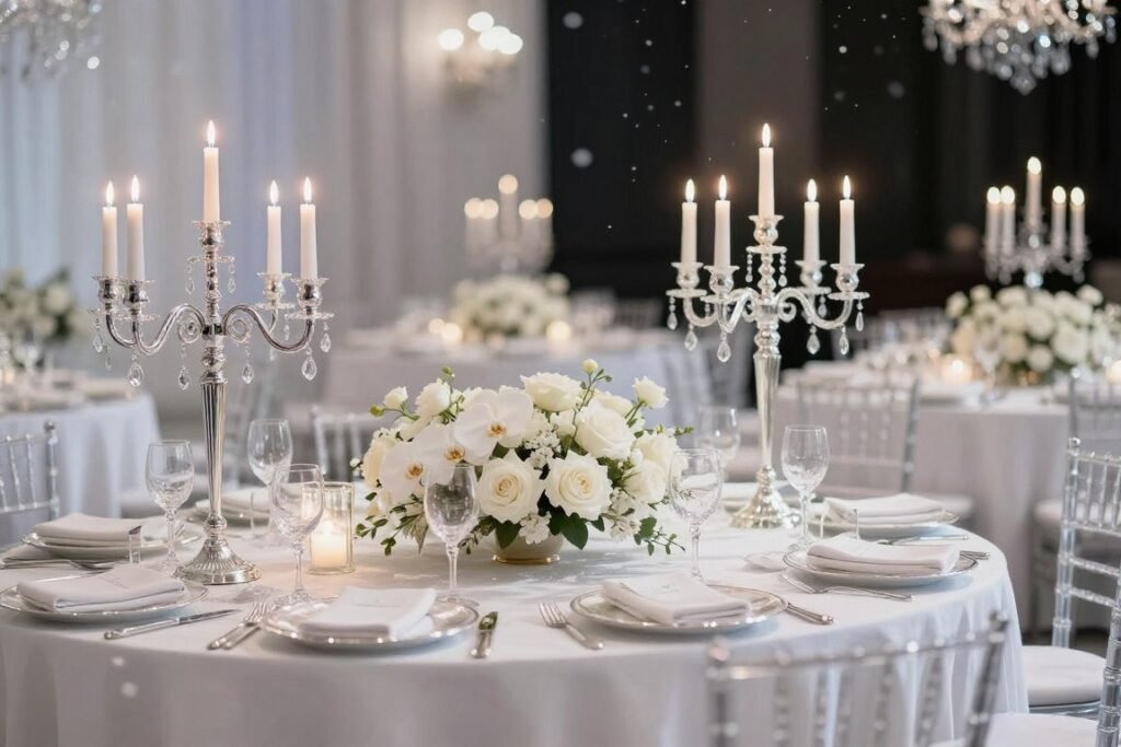 Elegant winter wedding with white and silver decorations