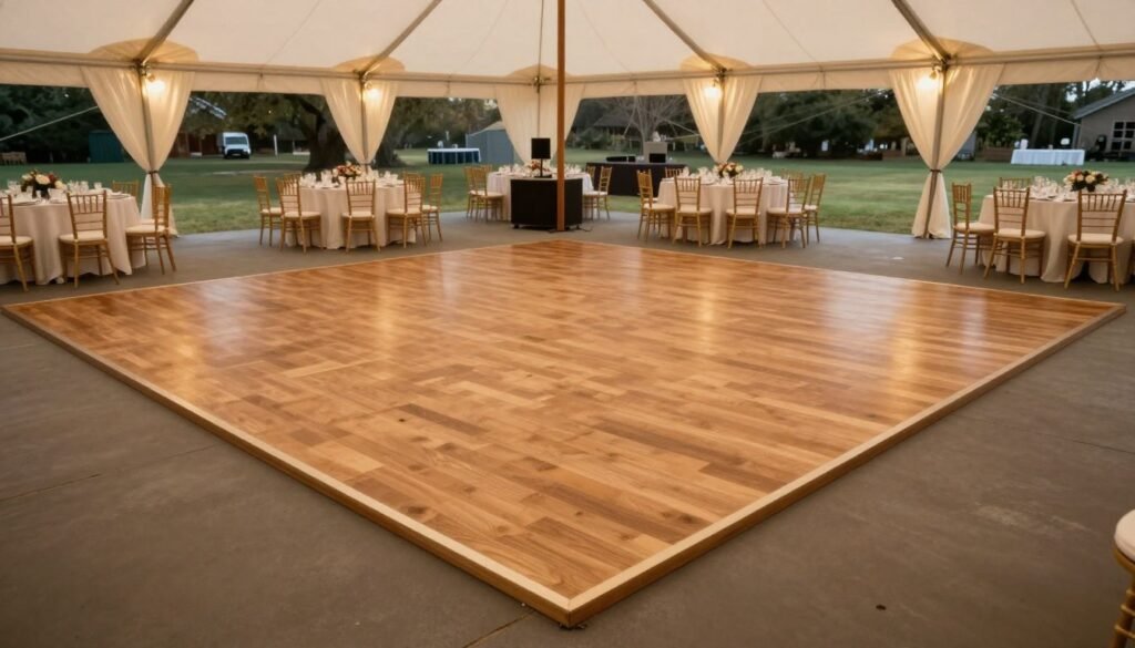 Elegant wooden dance floor in the center of a party tent