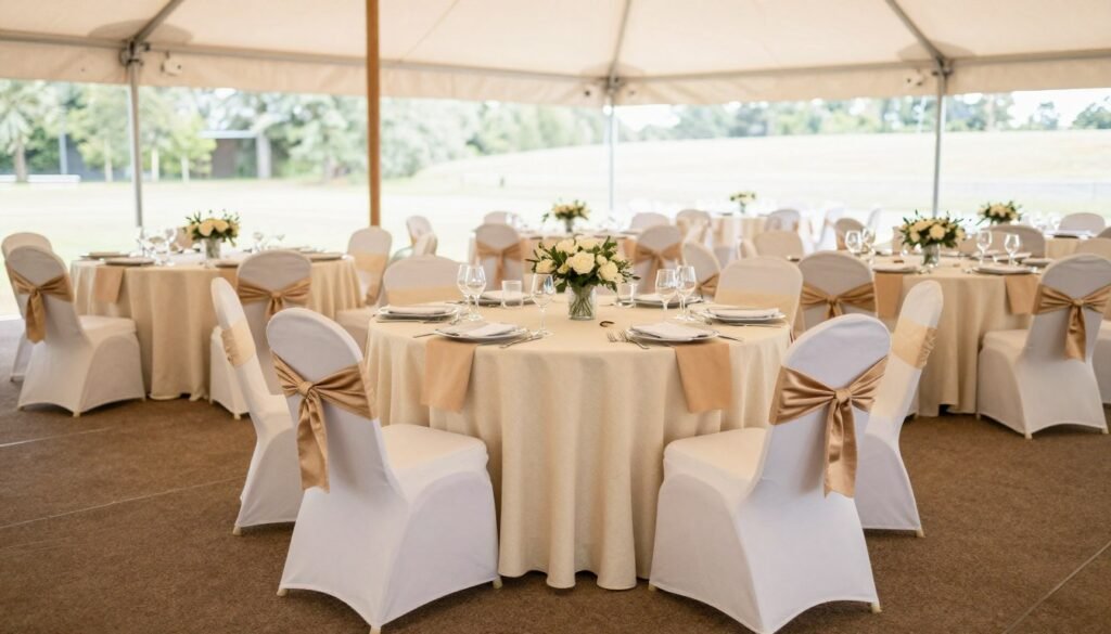 Elegantly dressed tables with layered linens and decorated chairs