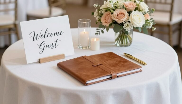 Elegantly styled guest book table with floral arrangements and calligraphy welcome sign
