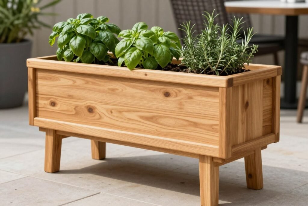 Elevated cedar planter box on legs with herbs growing Elevated cedar planter box on legs with herbs growing