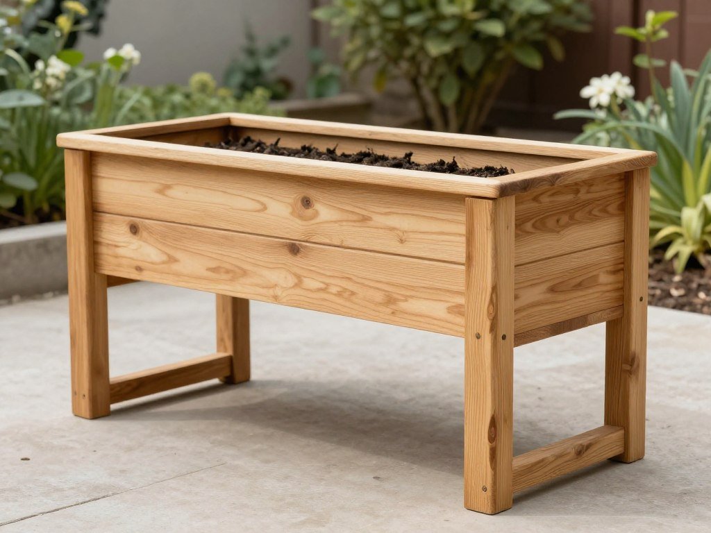 Elevated wooden planter box with legs in a garden setting Elevated wooden planter box with legs in a garden setting