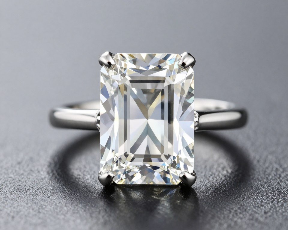 Emerald cut diamond ring showing elegant step-cut facets Emerald cut diamond ring showing elegant step-cut facets
