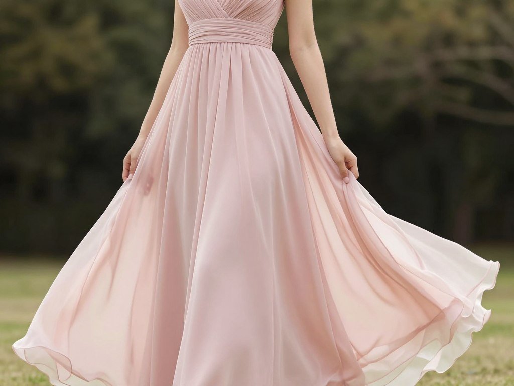 Empire waist blush pink bridesmaid dress showing flowing silhouette