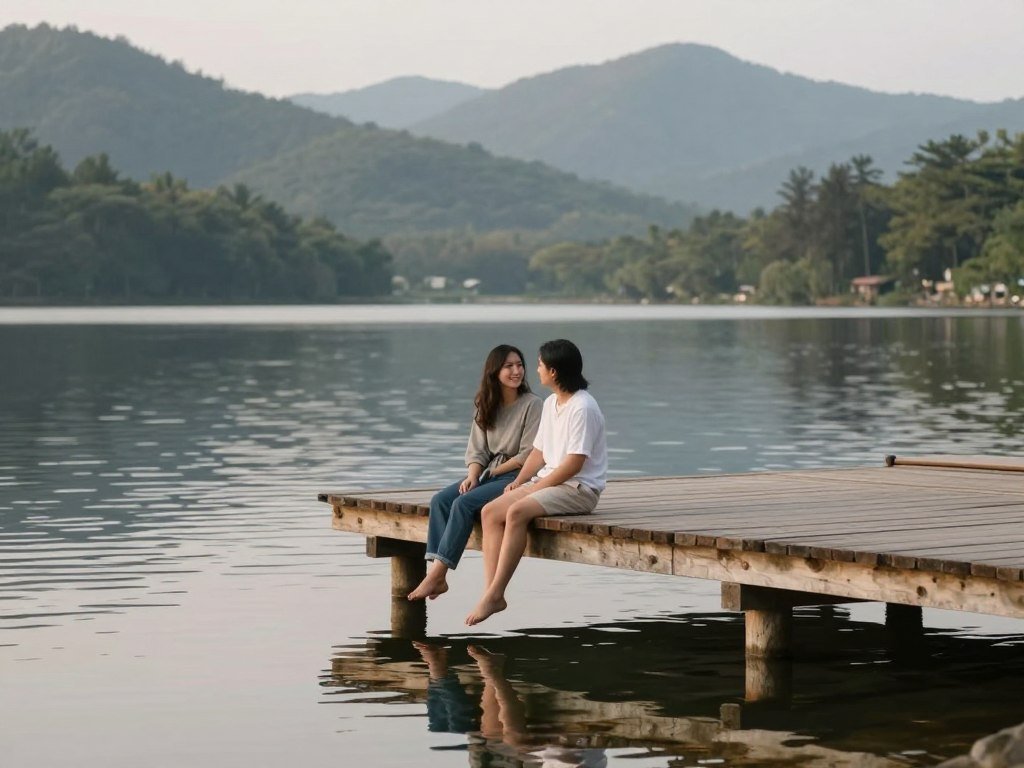 Engaged couple on wooden dock over lake for waterfront save the date photo