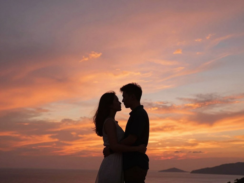 Engaged couple silhouetted against sunset sky for romantic save the date photo