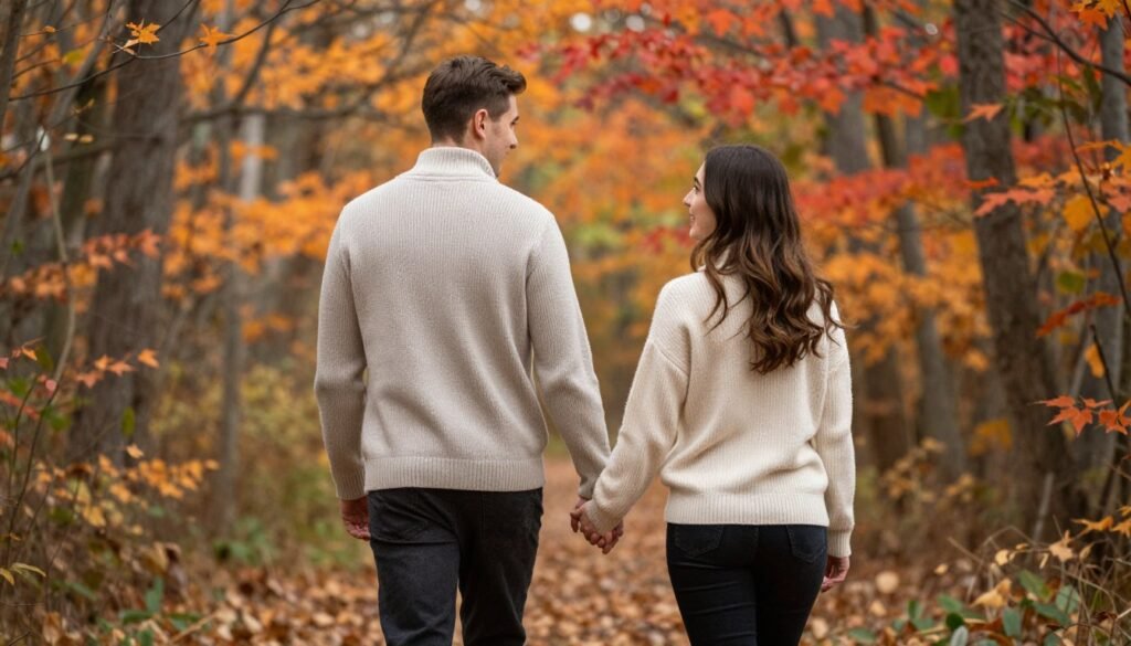 Engaged couple walking through fall leaves for seasonal save the date photo