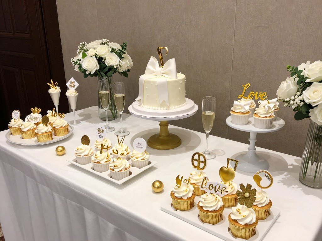 Engagement party dessert table with cupcakes, champagne, and decorative elements