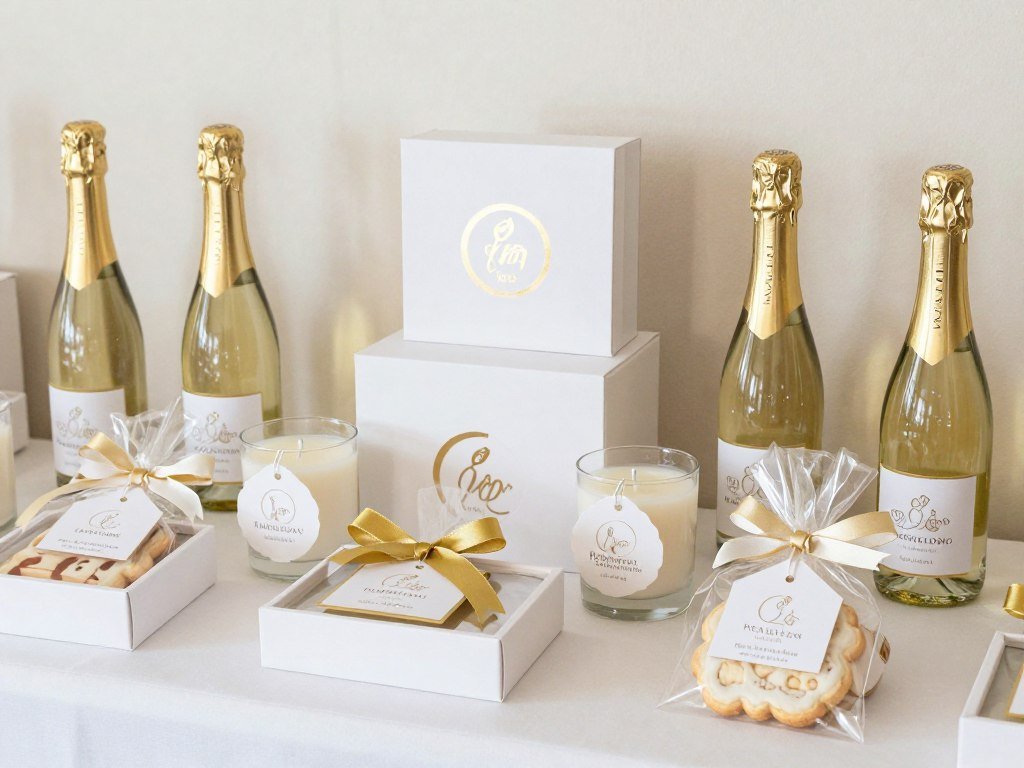 Engagement party favors displayed as part of the decor including personalized items