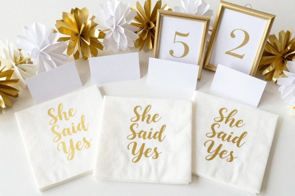 Engagement party paper elements including custom napkins, place cards, and table numbers