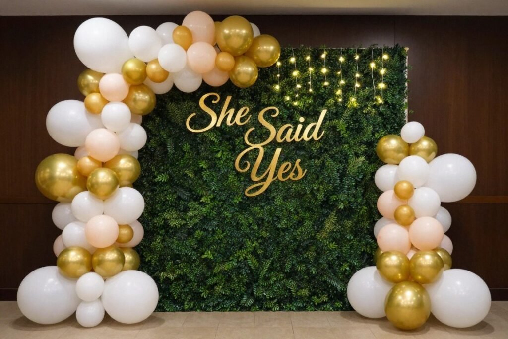 Engagement party photo backdrop with balloon arch, greenery wall, and gold accents