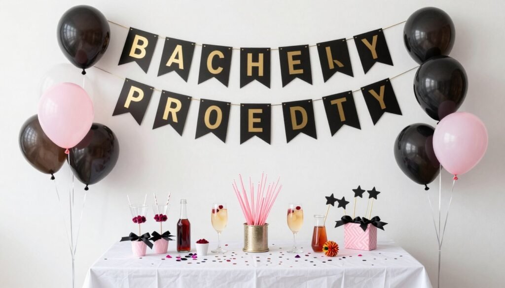 Essential bachelorette decor elements displayed together including balloons, banners, and table decorations Essential bachelorette decor elements displayed together including balloons, banners, and table decorations