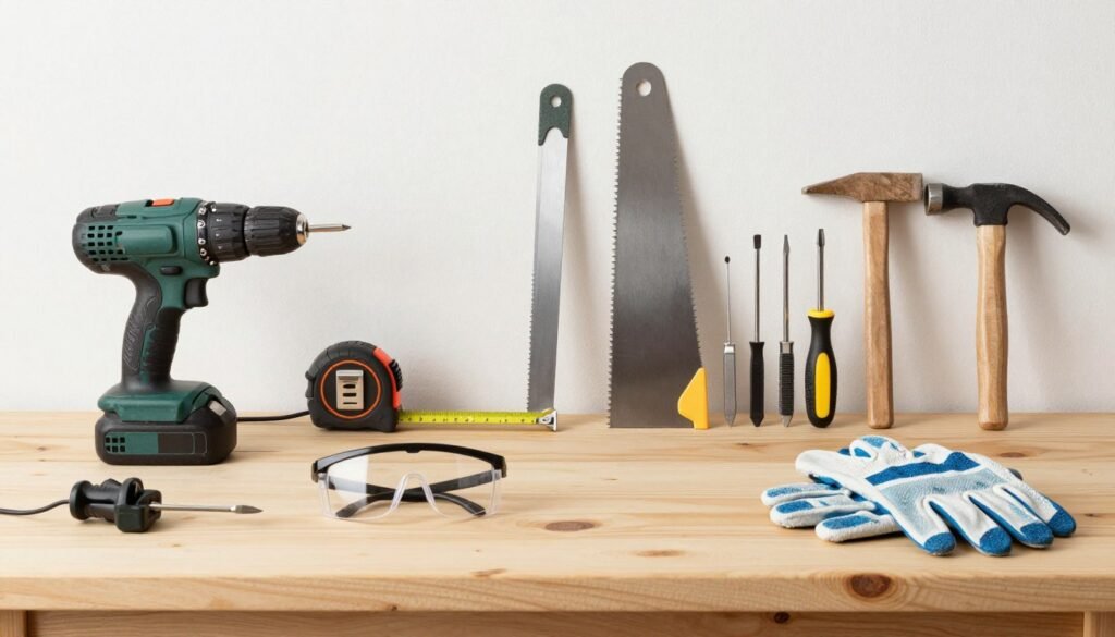 Essential tools for DIY planter projects neatly arranged on a wooden workbench Essential tools for DIY planter projects neatly arranged on a wooden workbench