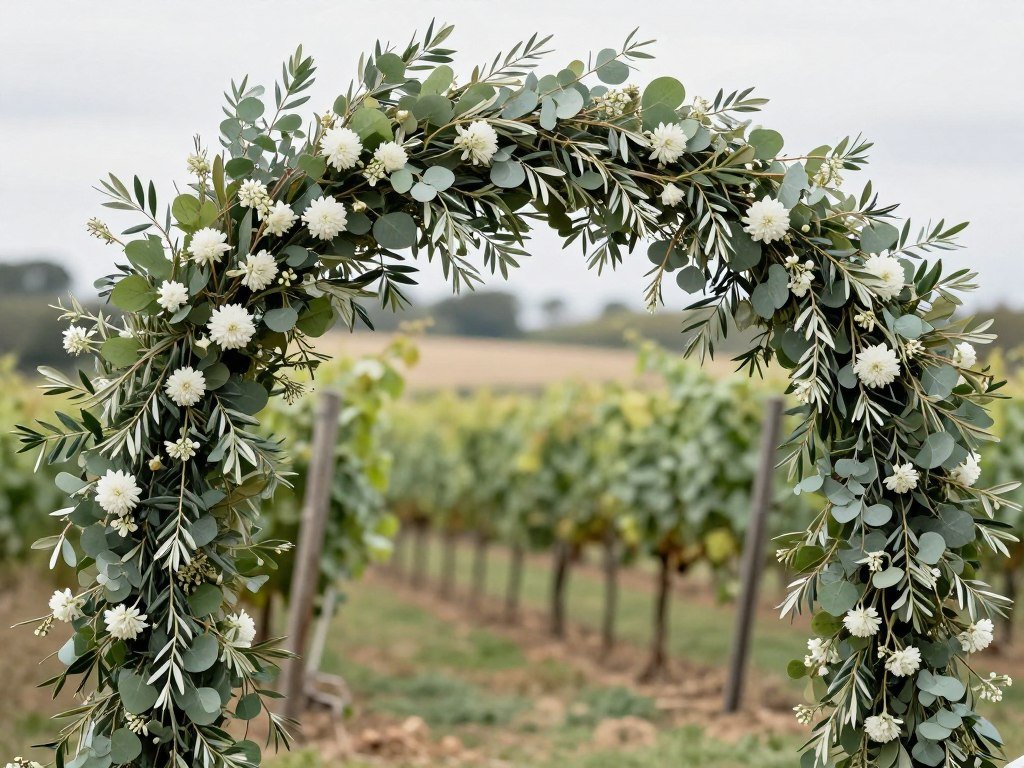 Eucalyptus and olive branch arch decoration wedding with subtle white flowers