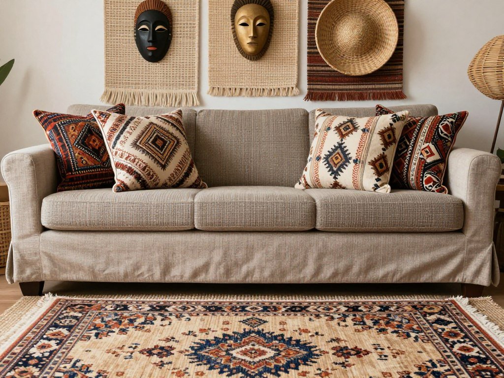 Example of intentional layering in afro boho decor with rugs, textiles, and wall elements Example of intentional layering in afro boho decor with rugs, textiles, and wall elements