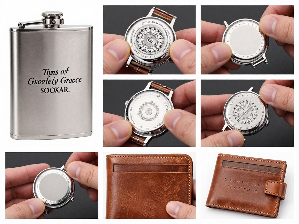 Examples of engraved groomsmen gifts showing different techniques
