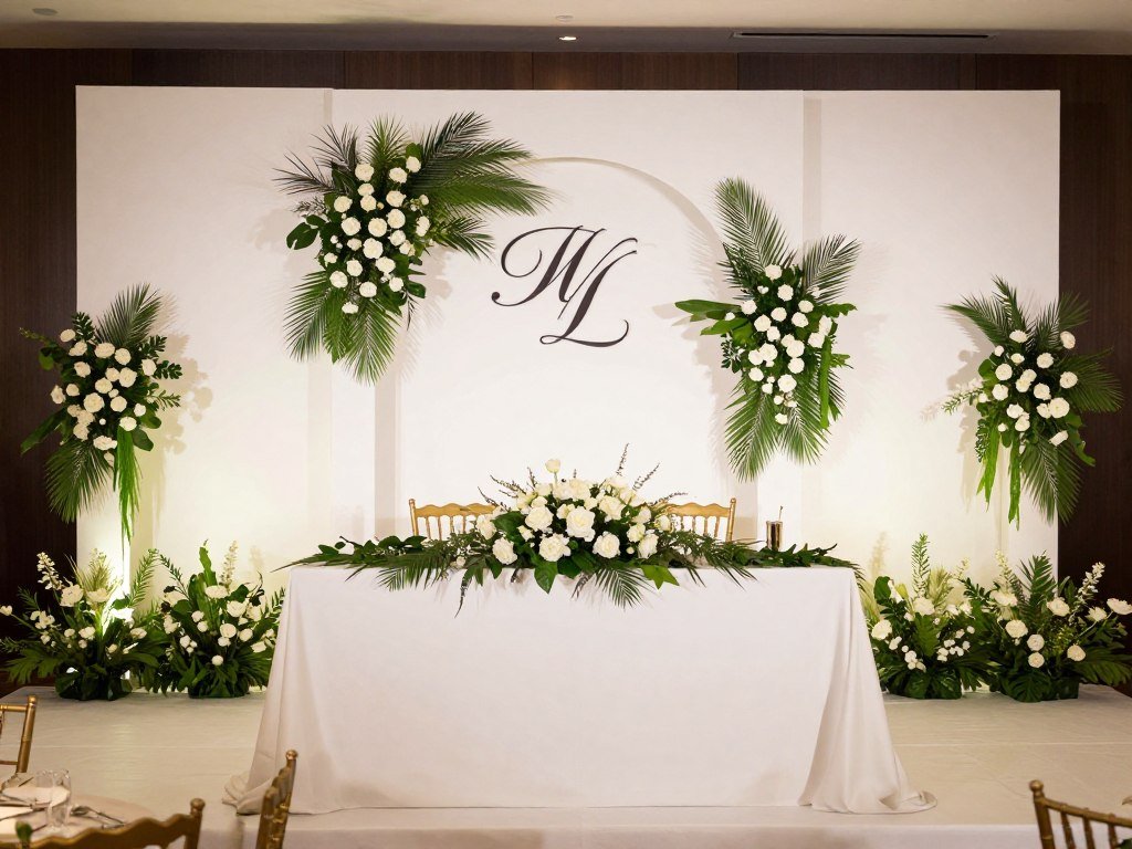 Eye-catching backdrop behind wedding head table creating perfect photo setting