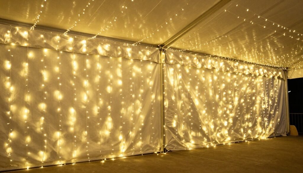 Fairy light curtain creating a magical backdrop on tent wall