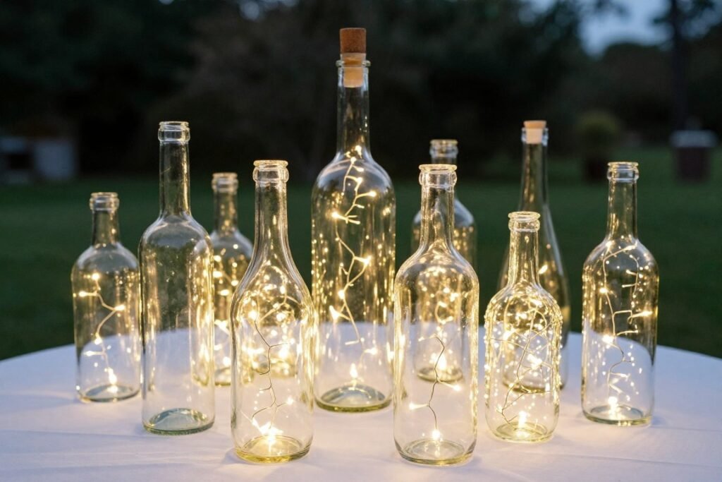 Fairy lights in glass bottles as backyard wedding decorations