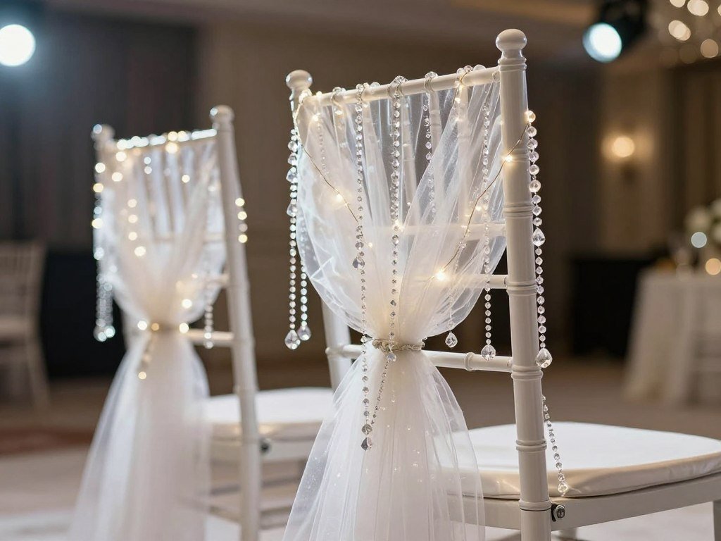 Fairy tale wedding chair with crystal strands and tulle