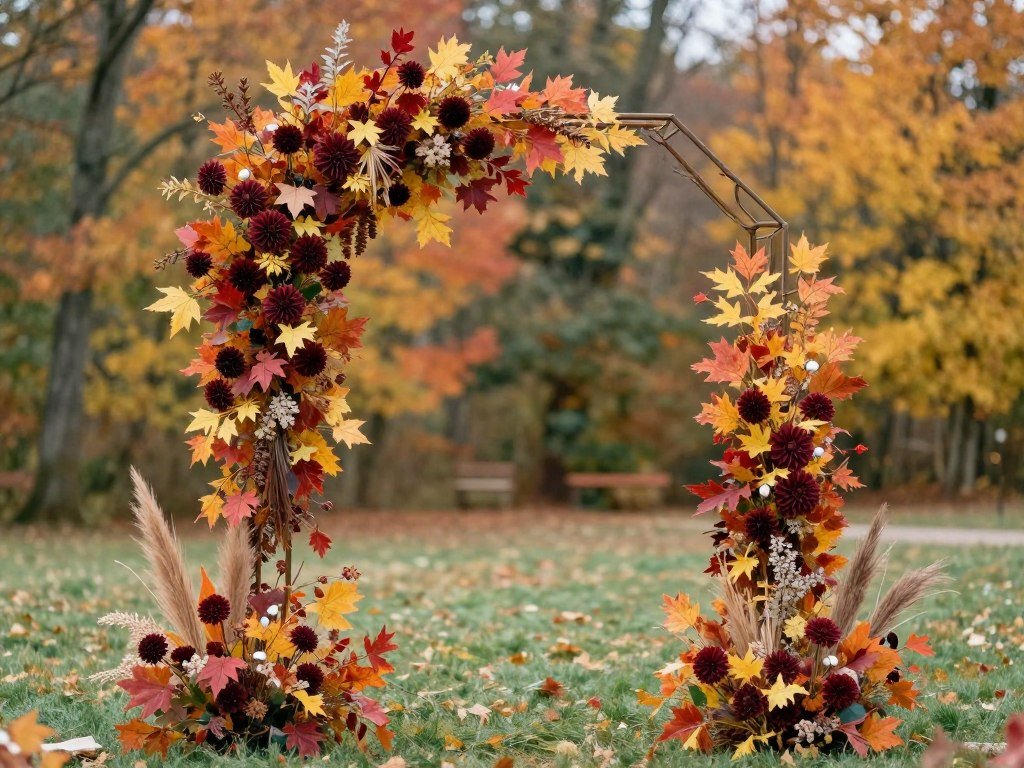Fall arch decoration wedding with autumn leaves and burgundy flowers