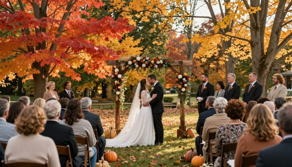 Fall backyard wedding with autumn colors