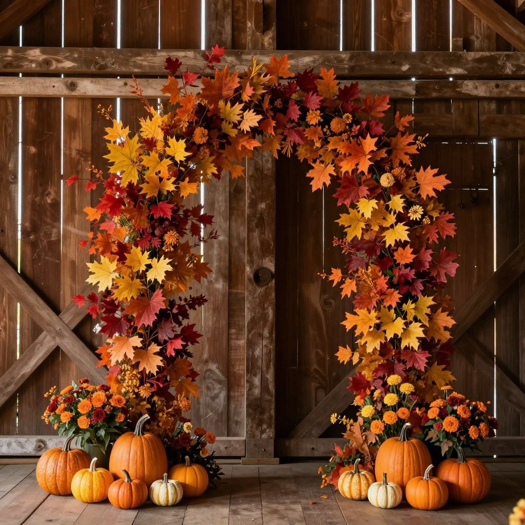 Fall barn wedding decorations with autumn foliage, pumpkins, and warm-toned flowers Fall barn wedding decorations with autumn foliage, pumpkins, and warm-toned flowers