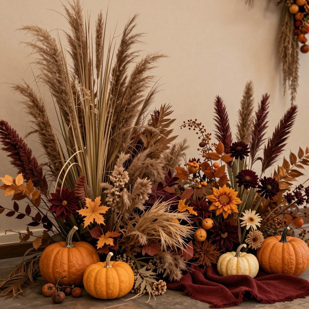 Fall bohemian wedding decorations with warm colors and dried elements