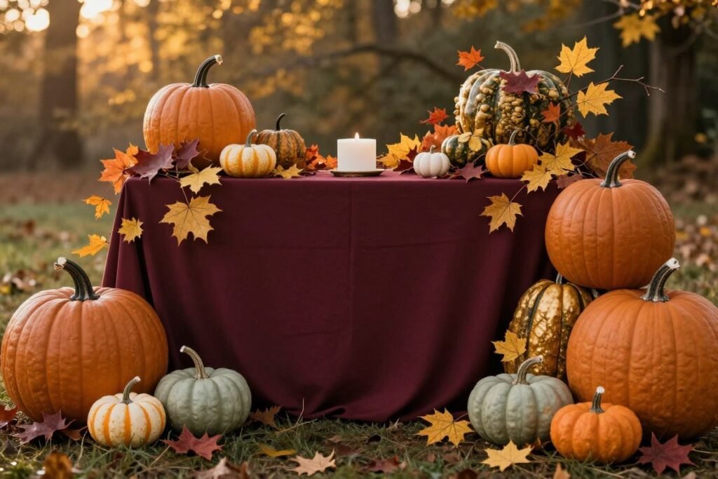 Fall bridal shower decorations with autumn colors and harvest elements