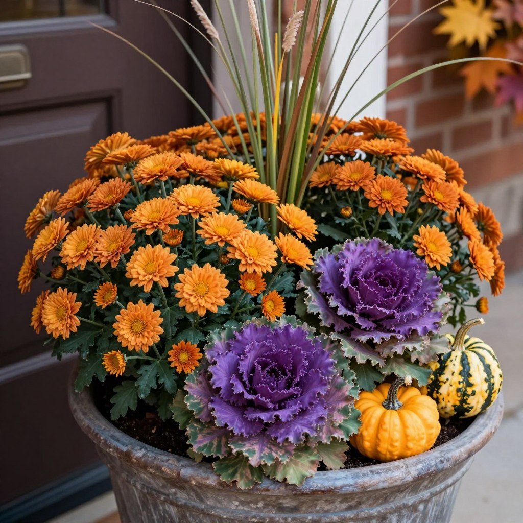 Fall front door planter with orange mums, ornamental cabbage, and small pumpkins