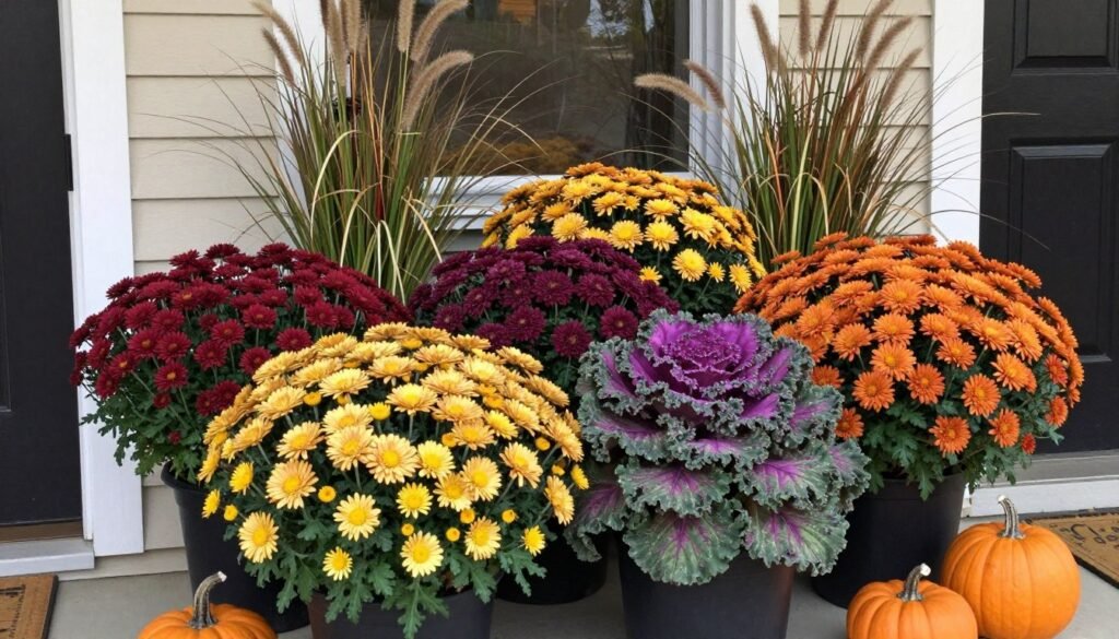 Fall front porch planters with chrysanthemums, ornamental kale, and autumn accents