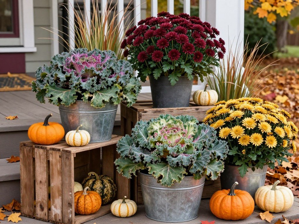 Fall planter arrangement with ornamental kale, mums, and decorative pumpkins in rustic containers Fall planter arrangement with ornamental kale, mums, and decorative pumpkins in rustic containers