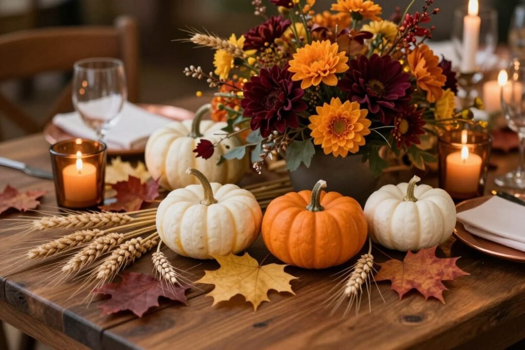 Fall rustic wedding decor with pumpkins, wheat, and autumn colors