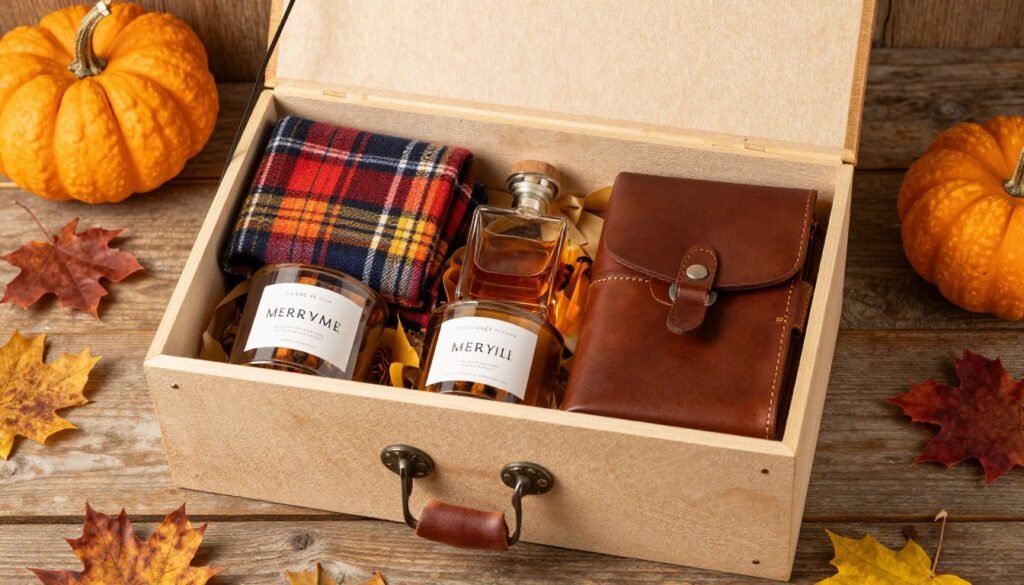 Fall-themed groomsmen proposal box with autumn colors and cozy items