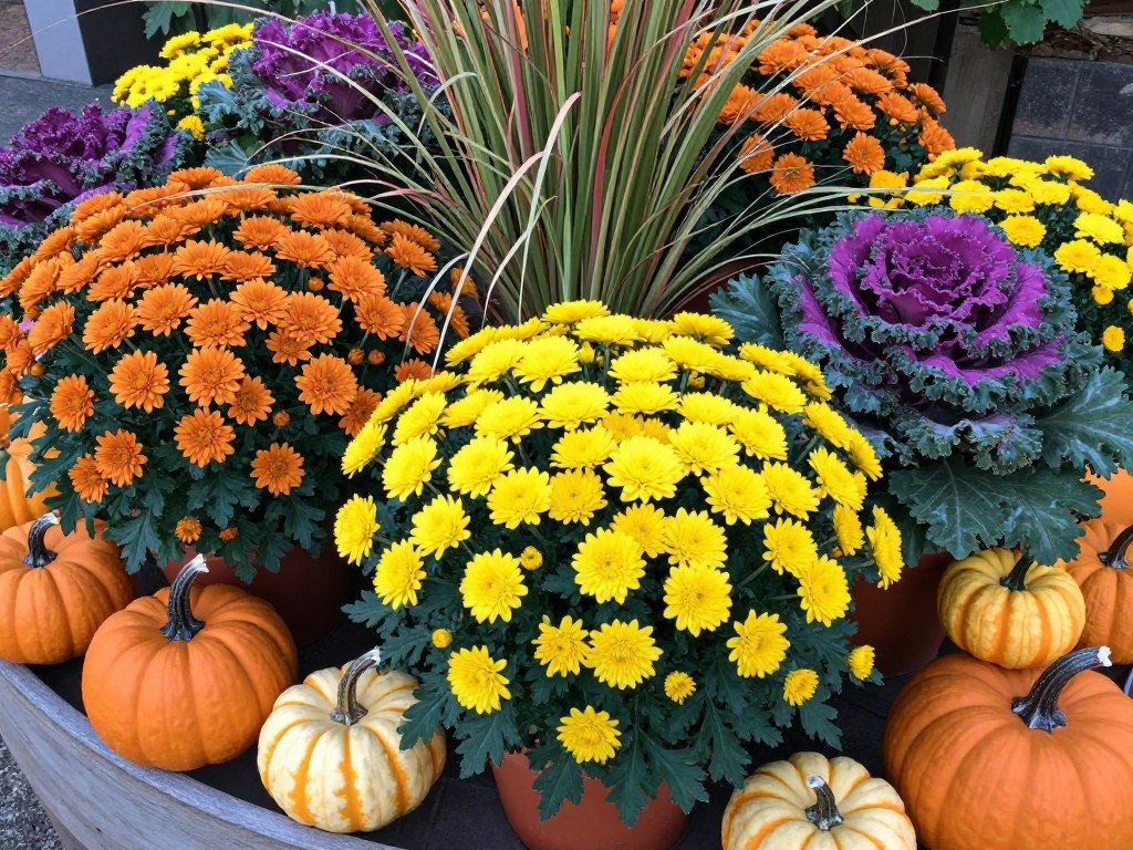 Fall-themed planters with chrysanthemums, ornamental kale, and decorative pumpkins