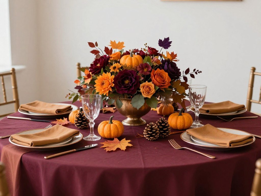 Fall-themed round wedding table with rich colors and seasonal elements