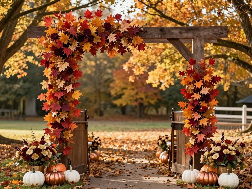 Fall-themed wedding entrance with autumn leaves, pumpkins and rich-colored flowers Fall-themed wedding entrance with autumn leaves, pumpkins and rich-colored flowers