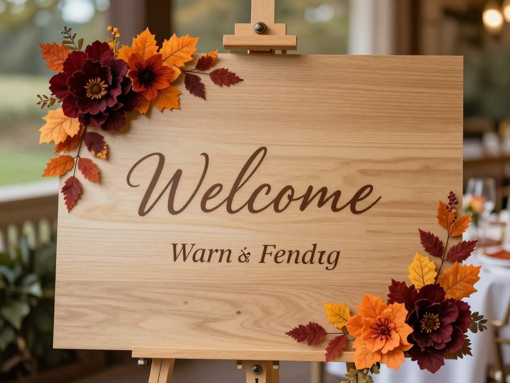 Fall-themed wedding welcome sign with autumn foliage accents Fall-themed wedding welcome sign with autumn foliage accents